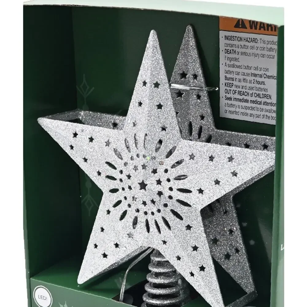Projection LED Light Up Star Christmas Tree Topper Silver 10